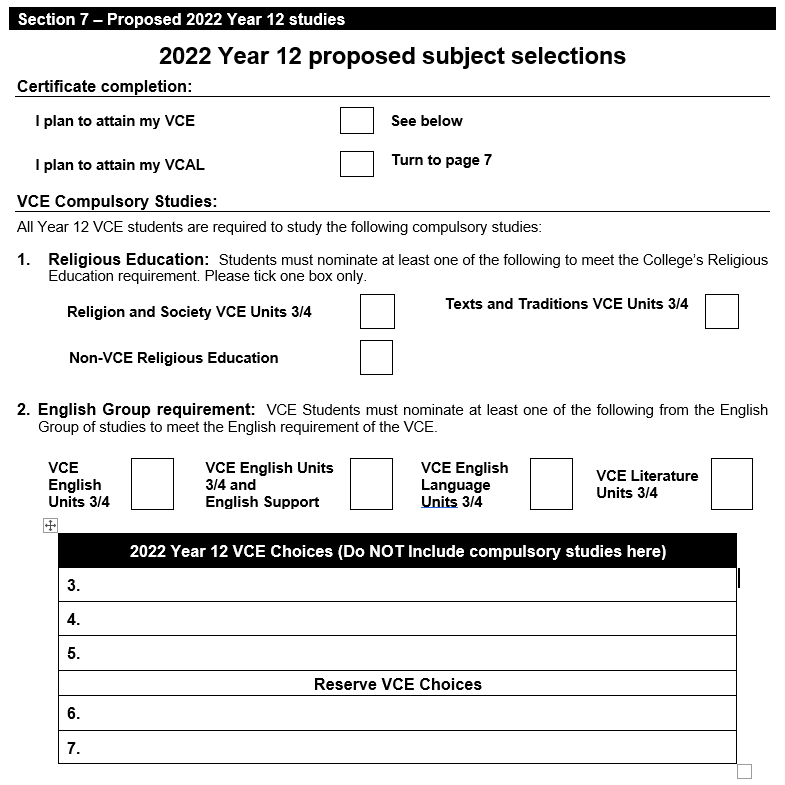 Year 12 Subejct Selection Section 7